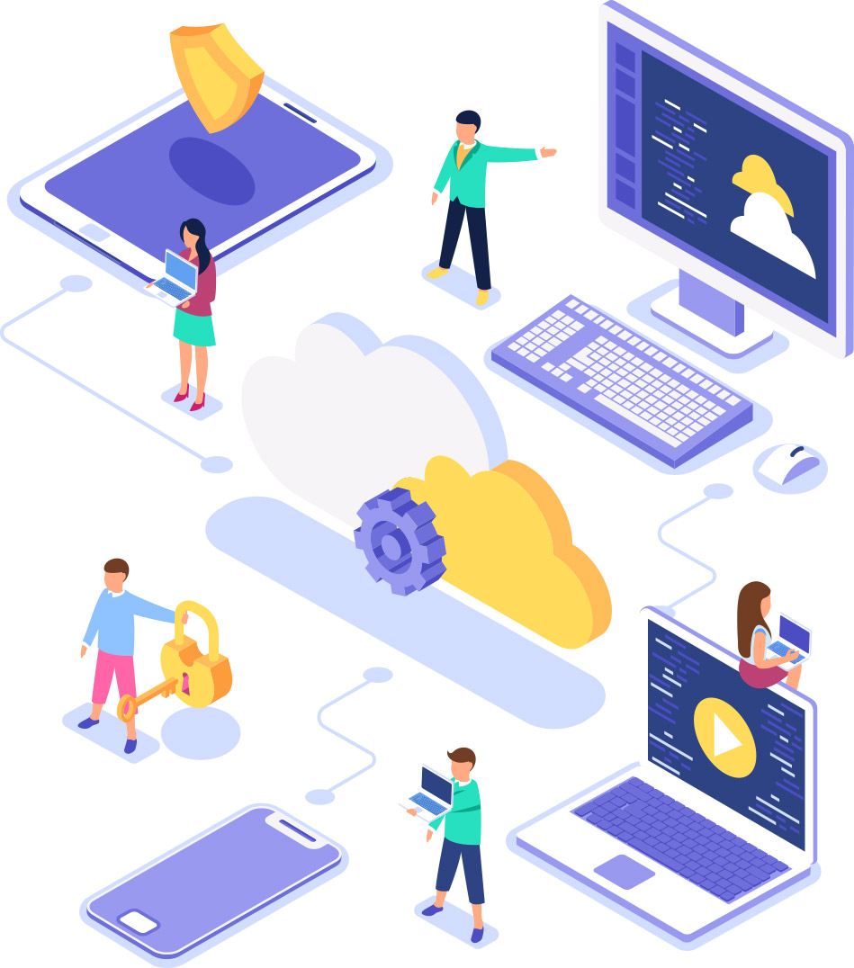 An isometric illustration showcasing cloud computing technology.