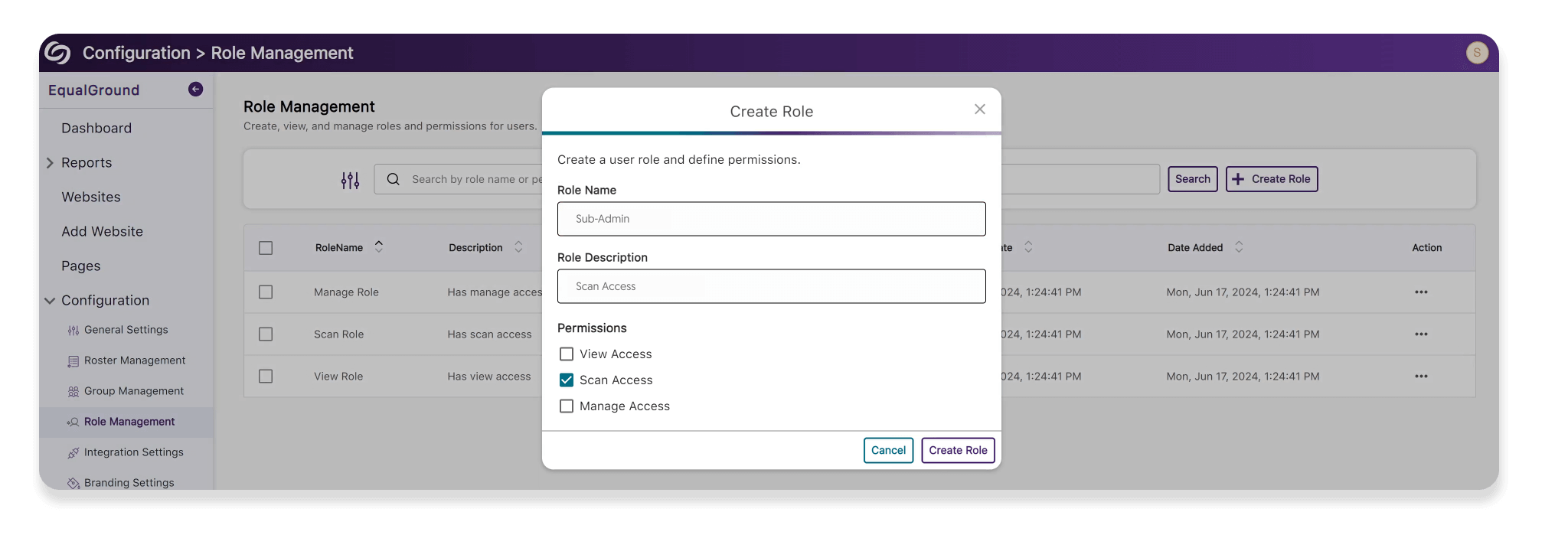 The role management screen with the create role popup open.