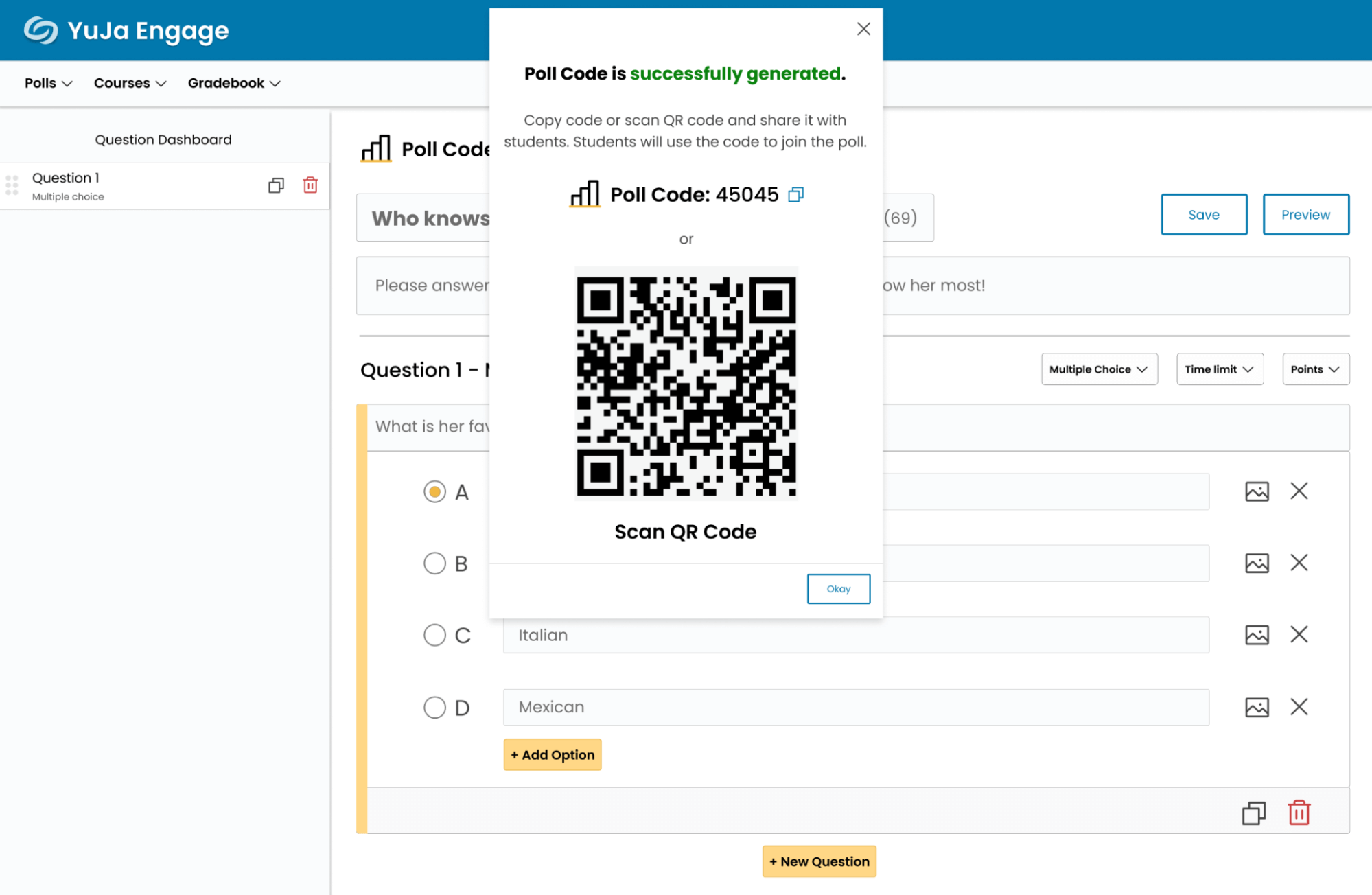 YuJa Engage Poll Code Generated.