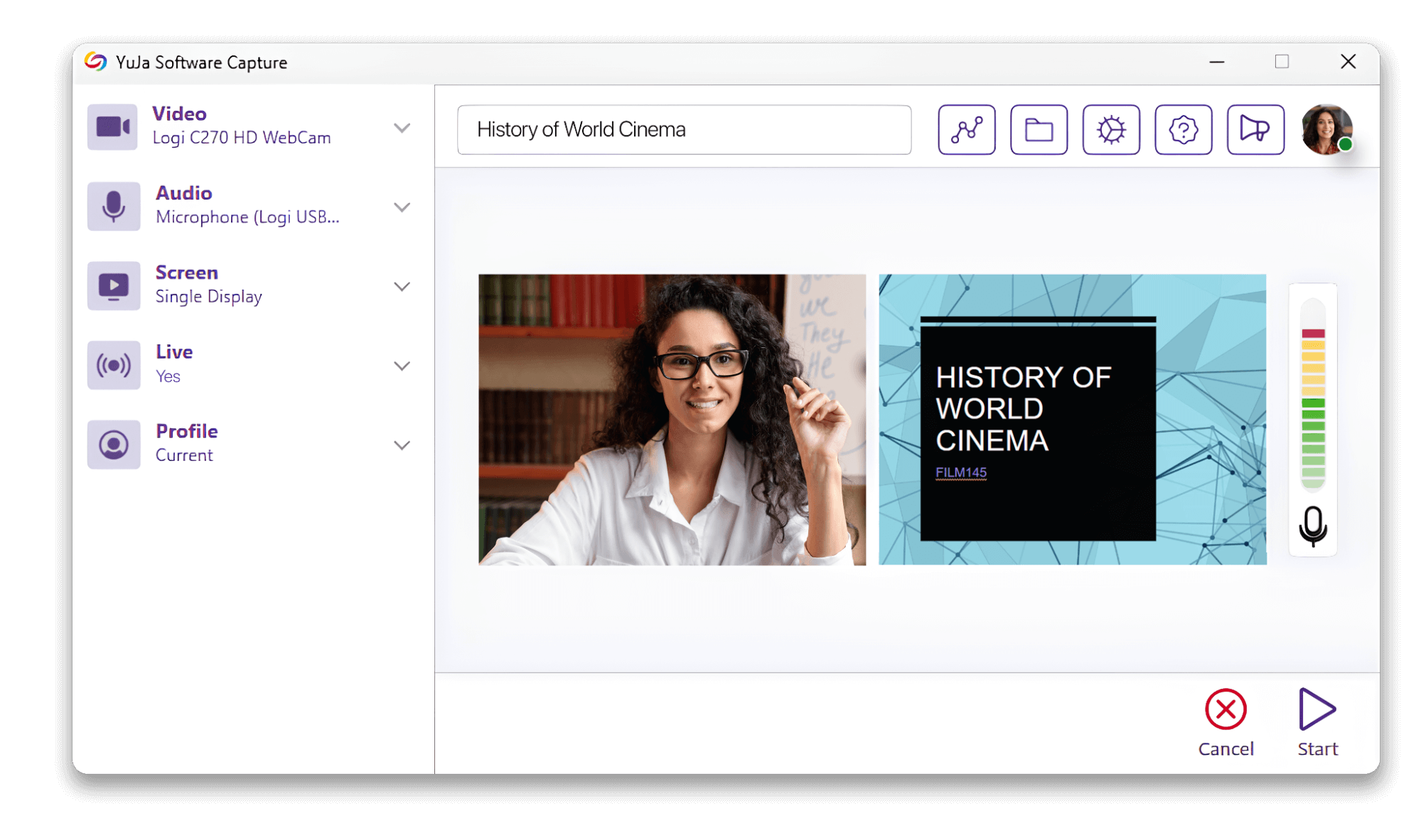 The YuJa Software Capture screen showing a woman waving and a presentation and source settings.