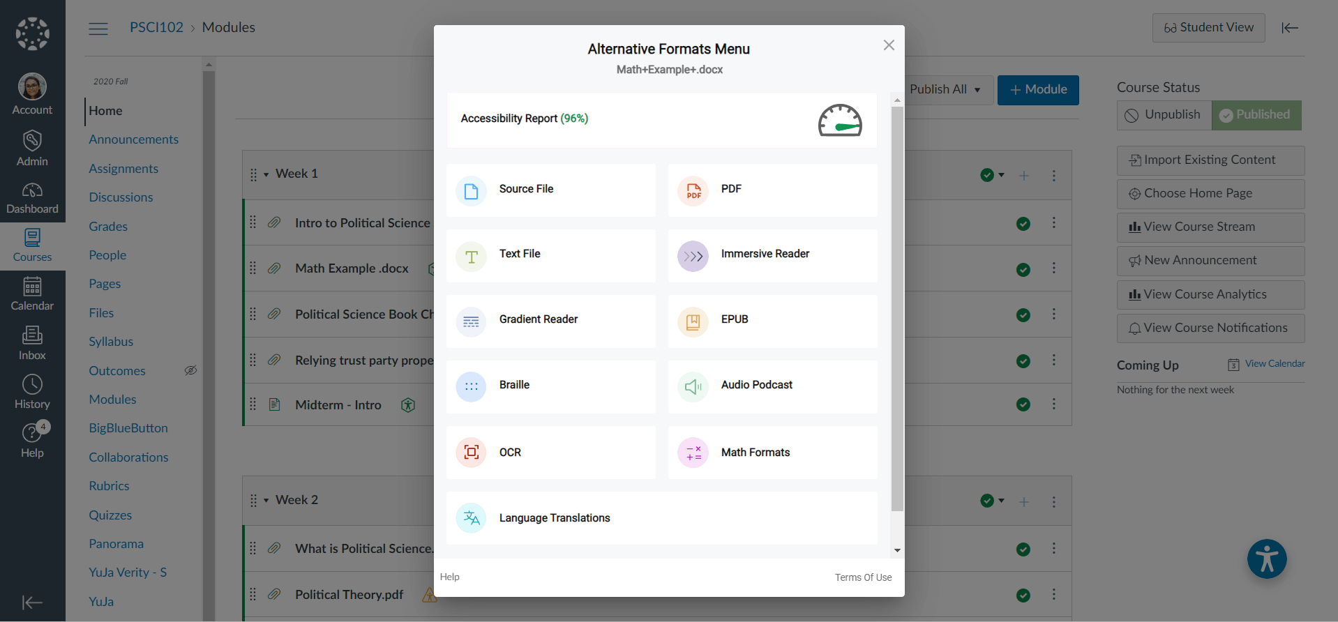 A pop-up list from YuJa Panorama for Scanning and Checking.