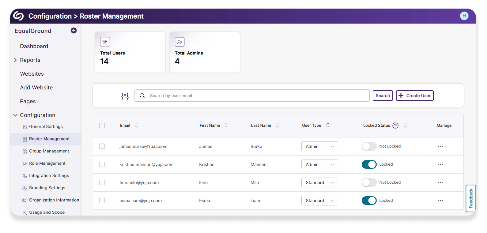 The EqualGround roster management screen with various roles showing. 