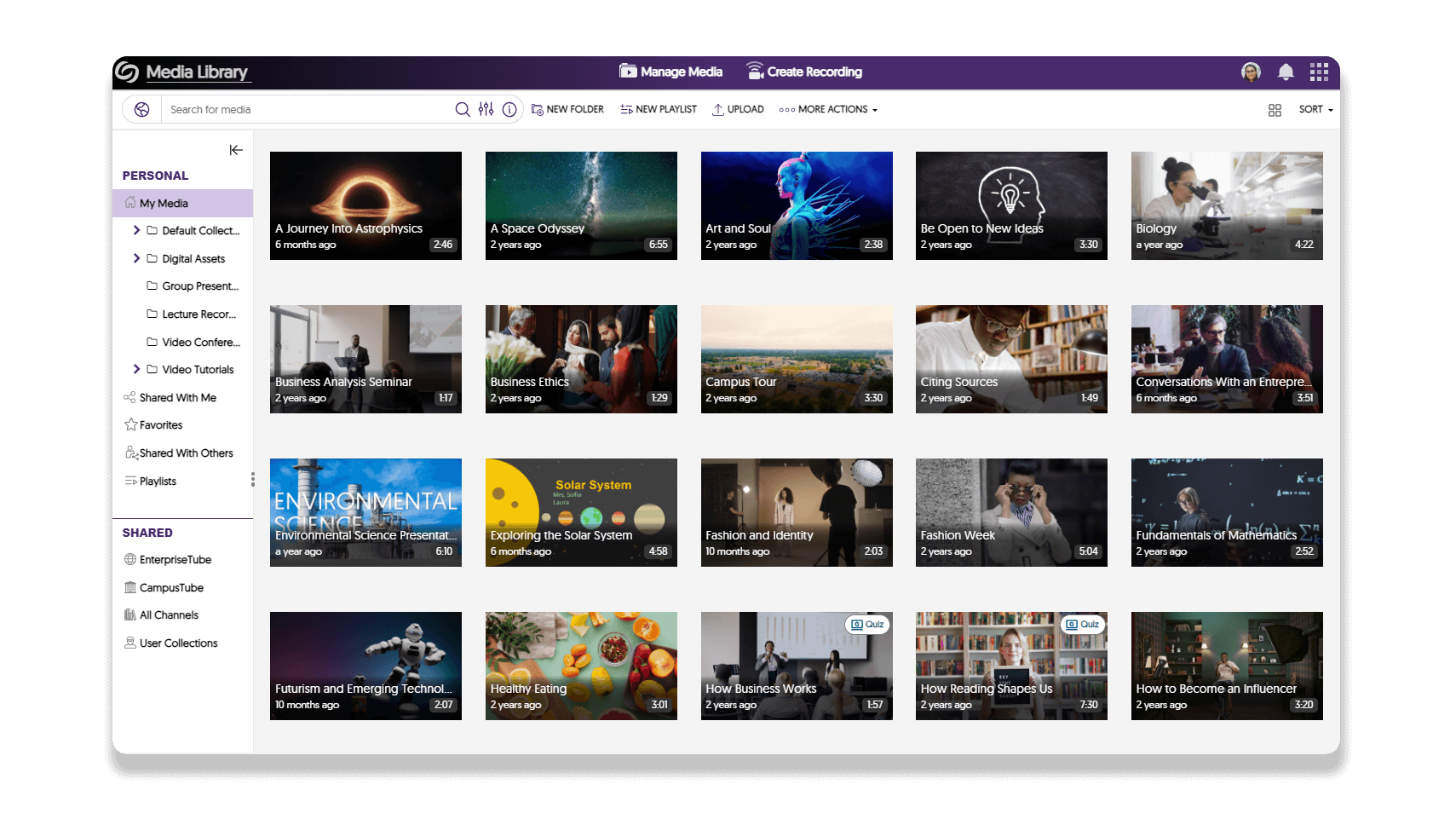 A screenshot of the YuJa Media Gallery with a number of videos and folders showing.